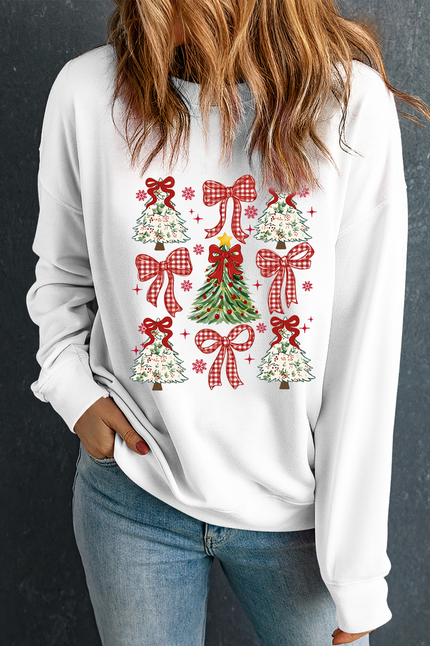 White Christmas Tree Ribbon Bow Printed Drop Shoulder Sweatshirt - loveforevers