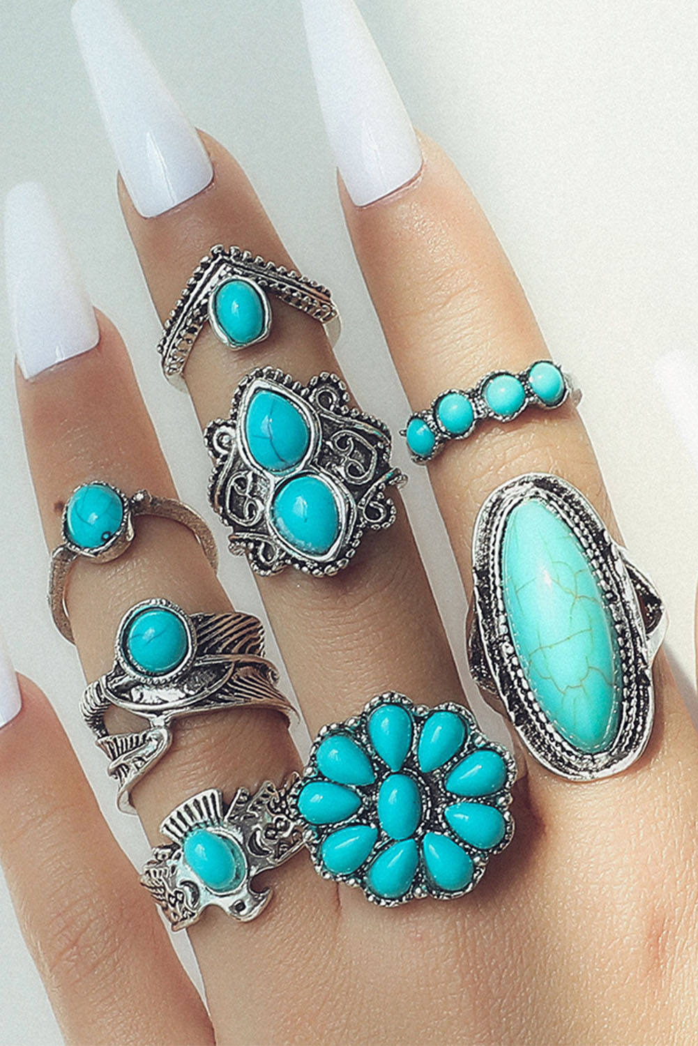 Green Vintage Western Turquoise 8-piece Ring Set - loveforevers