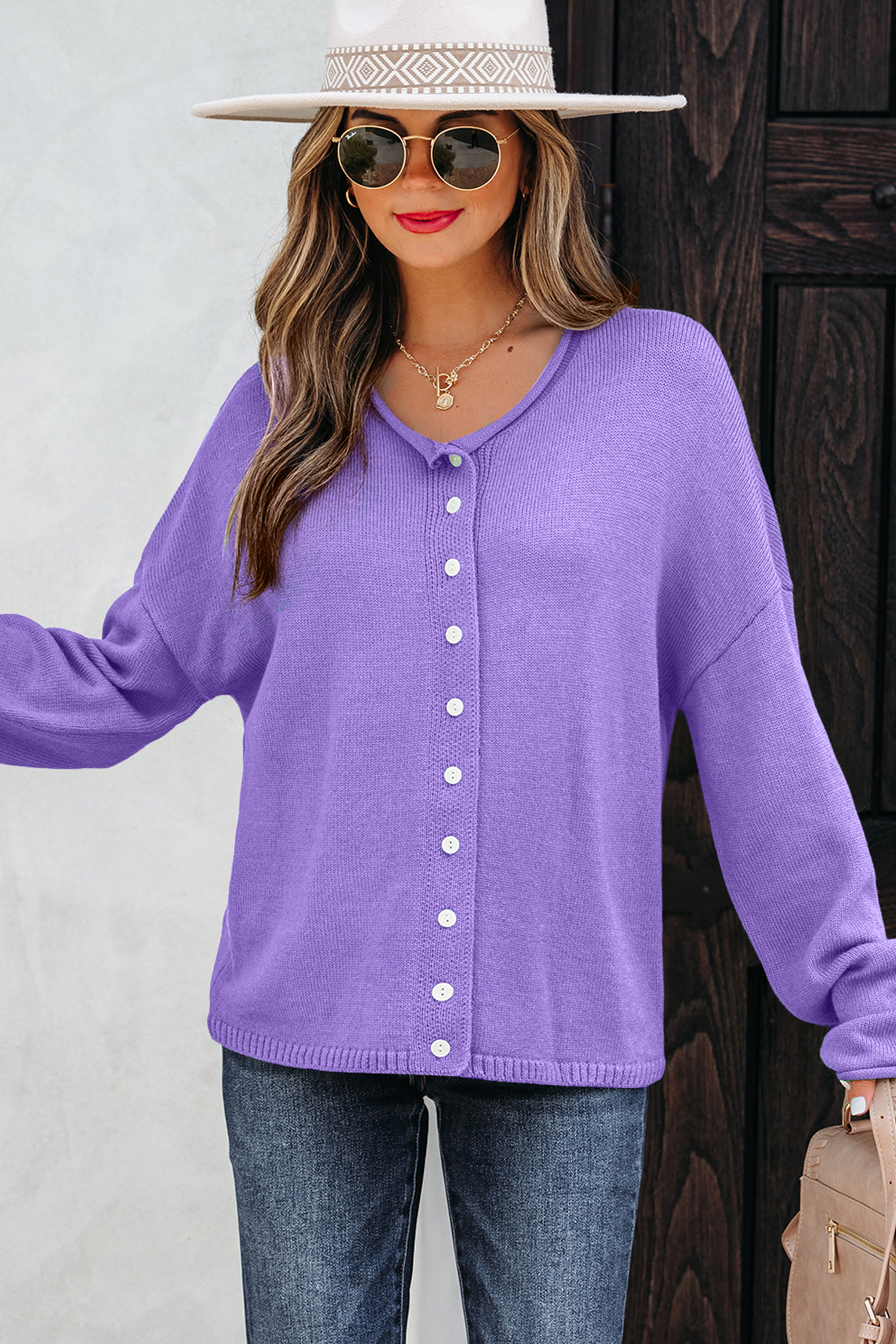 Wisteria Solid Color Knit Button Drop Shoulder Sweater Cardigan - loveforevers