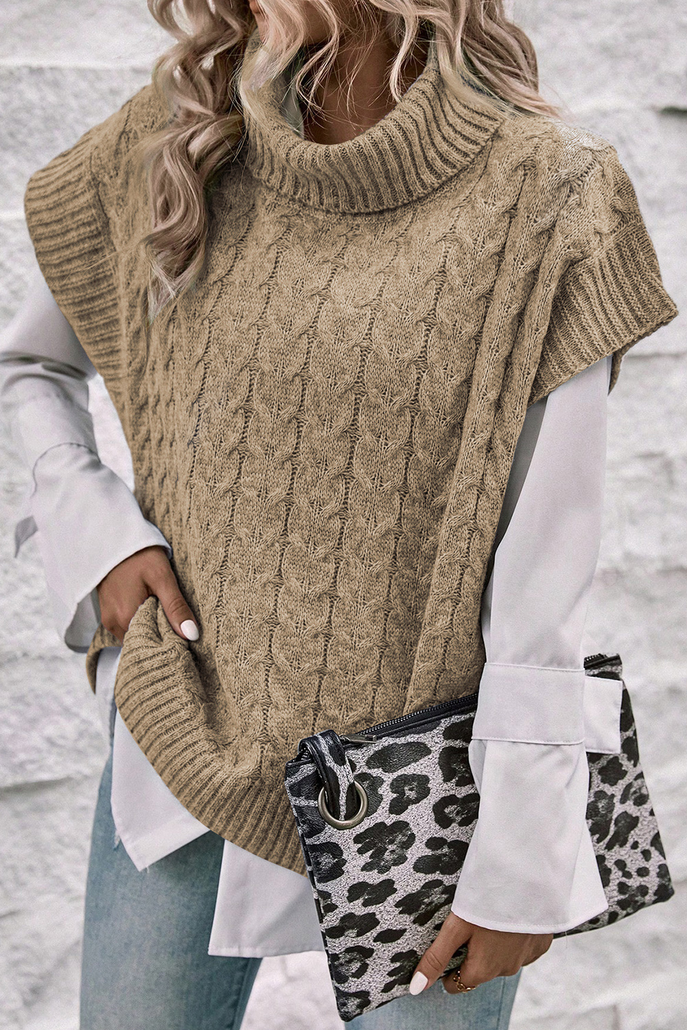 Medium Grey Cable Knit Turtleneck Batwing Sleeve Sweater - loveforevers