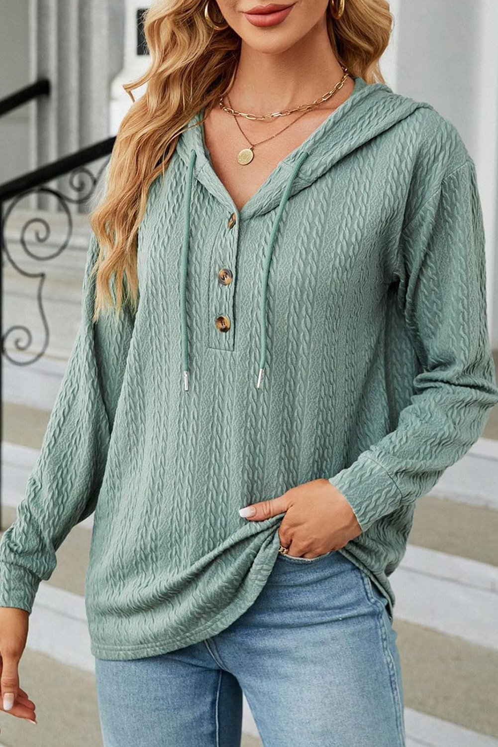 Mint Green Button Front Textured Drawstring Hooded Long Sleeve Top - loveforevers