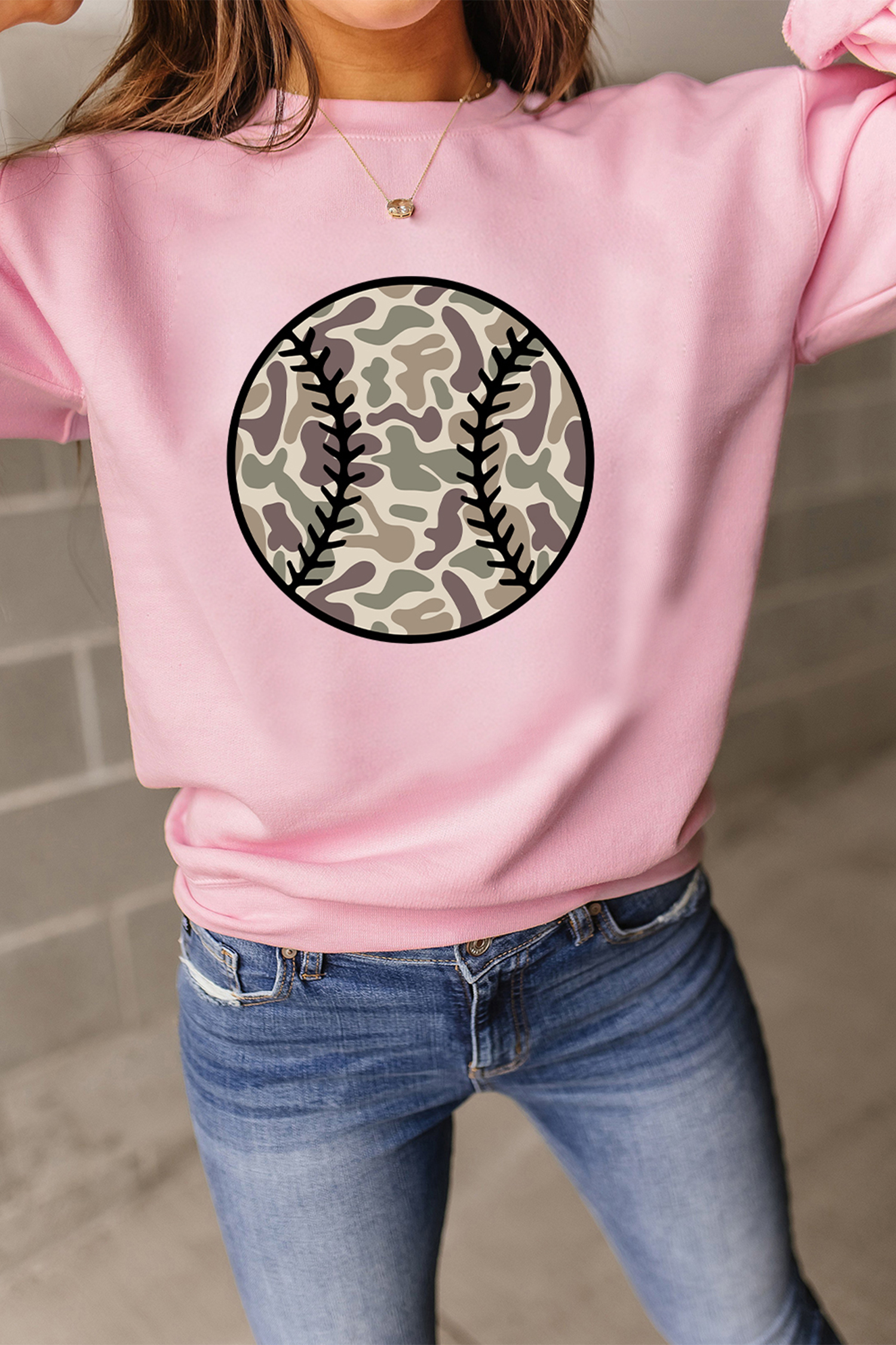 Pink Camouflage Baseball Dropped Shoulder Sweatshirt - loveforevers