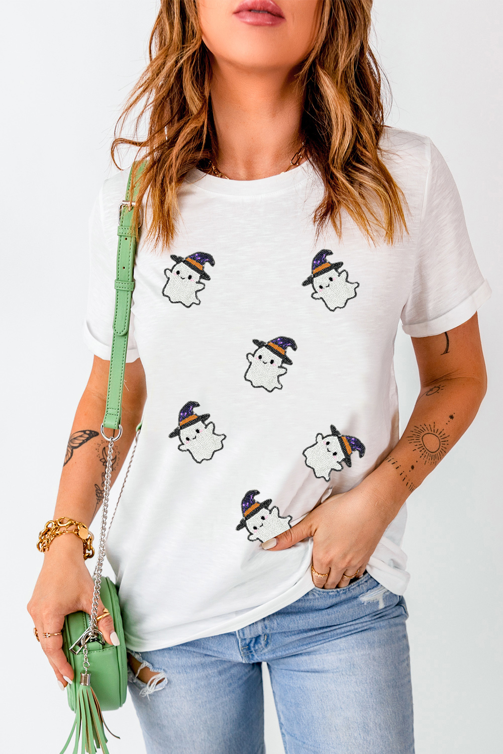 Wisteria Glitter Trim Chenille Ghost Patched Halloween Graphic Tee - loveforevers