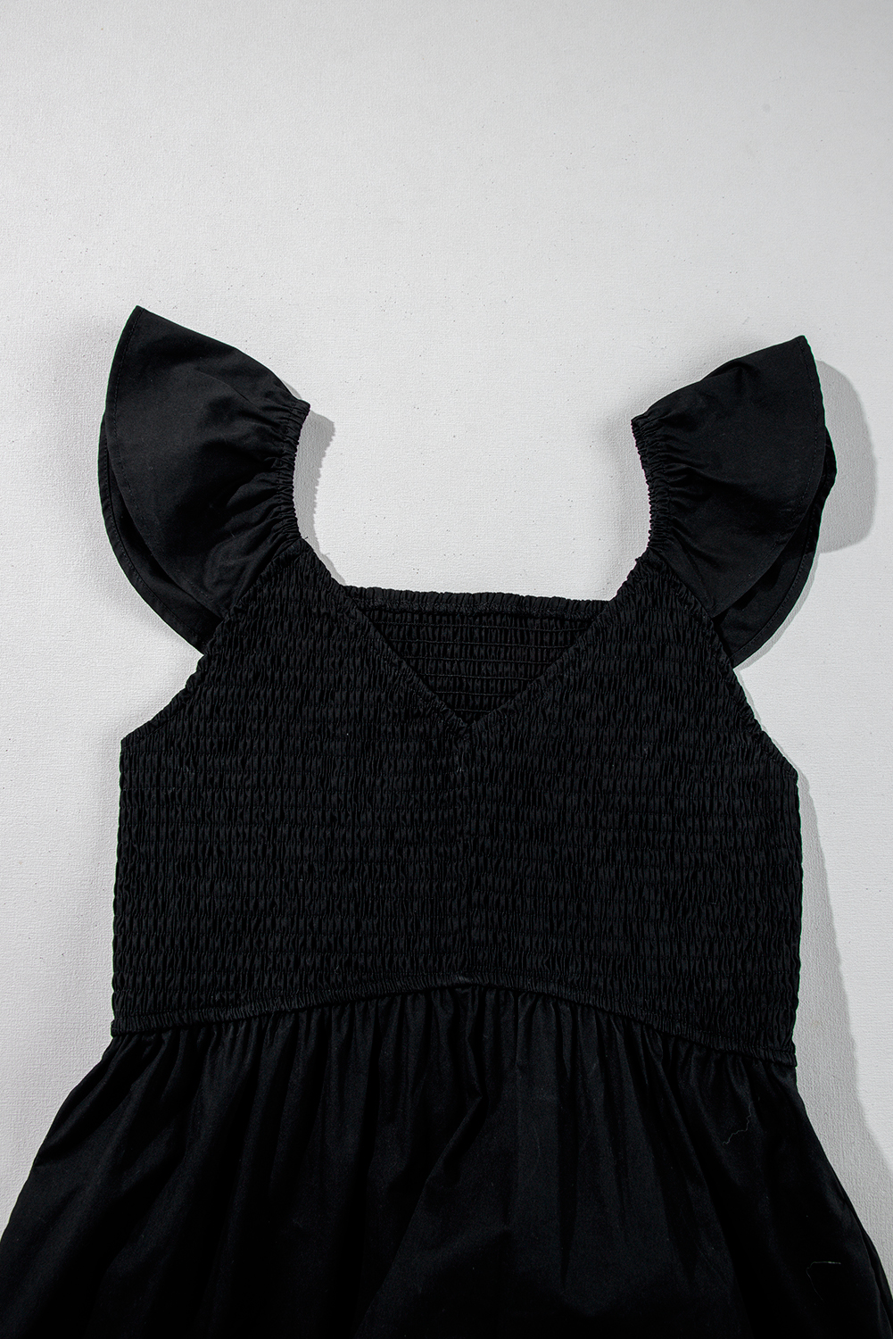 Black V Neck Flutter Sleeve Smocked Bodice High Waist Ruffle Maxi Dress - loveforevers