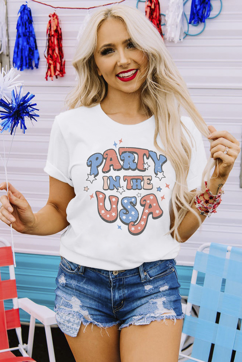 White PARTY IN THE USA Flag Fashion Graphic Tee - loveforevers