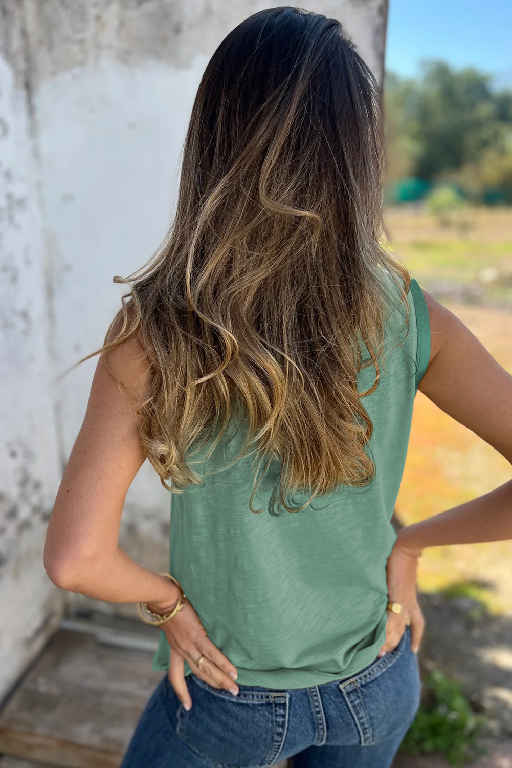Tan Metallic Sheen Edge Scoop Neck Tank Top - loveforevers
