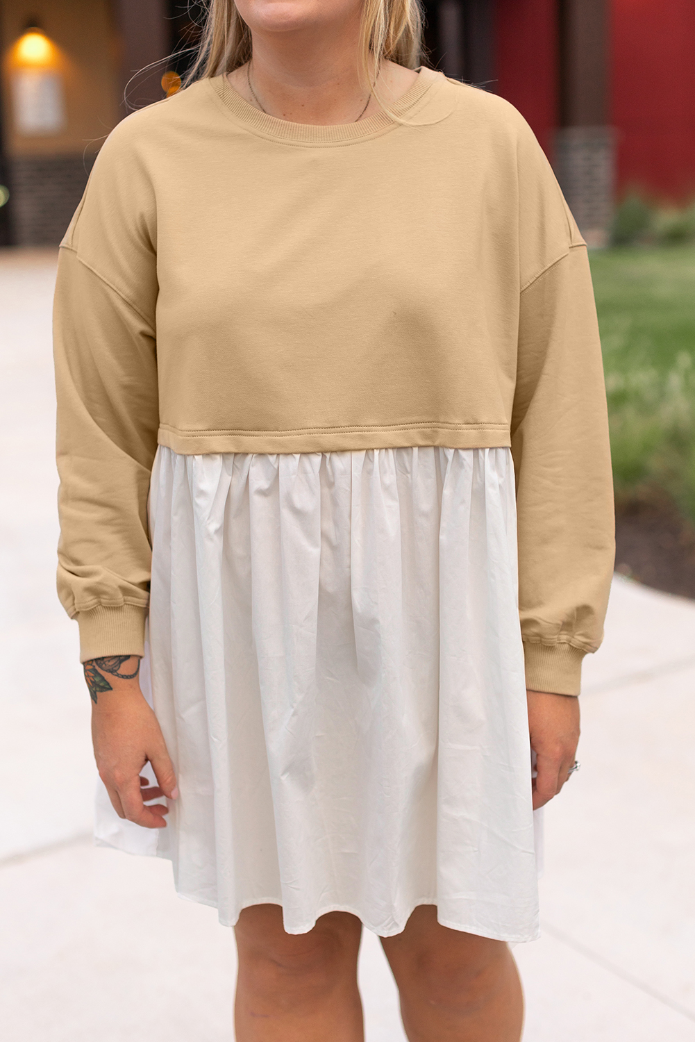 Pale Khaki Sweatshirt Poplin Mini Dress - loveforevers
