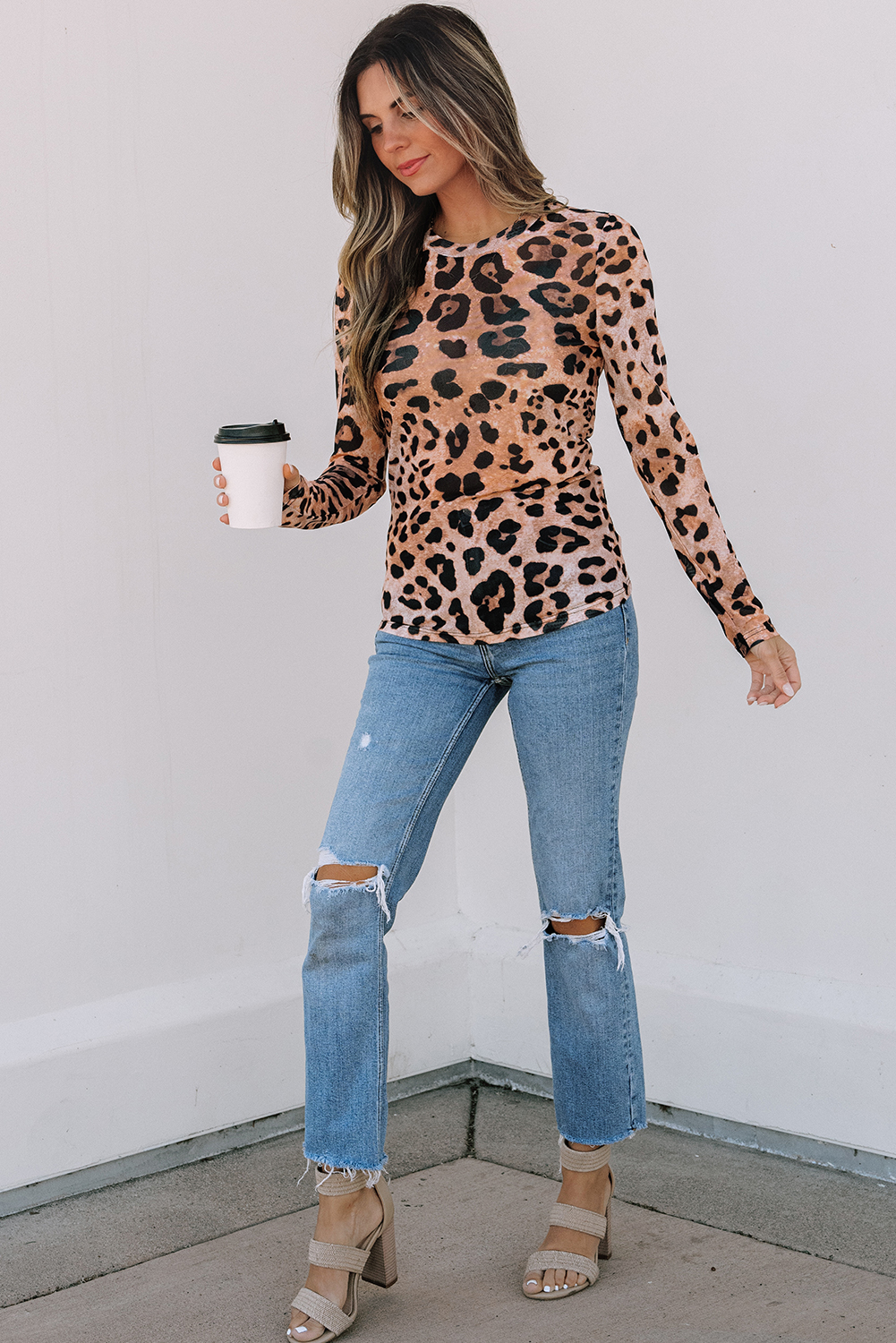 Brown Leopard Round Neck Long Sleeve Slim Top - loveforevers