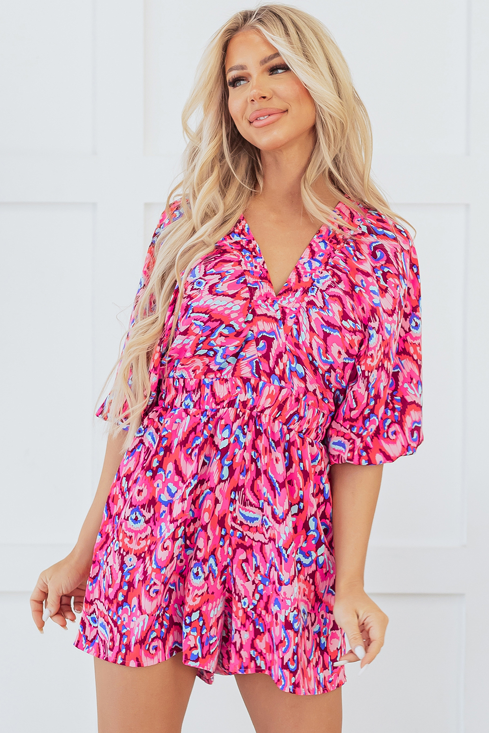 Pink Abstract Print Puff Sleeve V Neck High Waist Romper - loveforevers