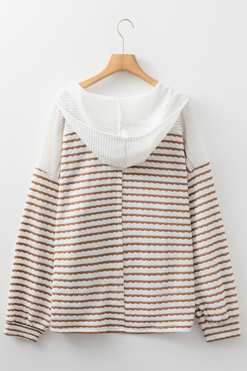 Khaki Stripe Textured Hooded V Neck Casual Long Sleeve Top - loveforevers