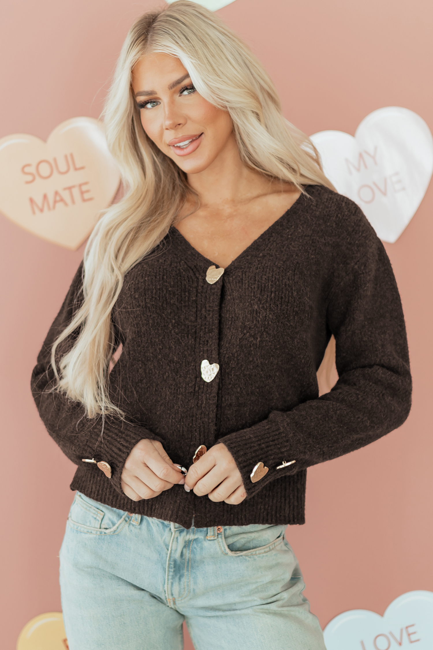 Fiery Red Heart Metal Button V Neck Cardigan Sweater - loveforevers
