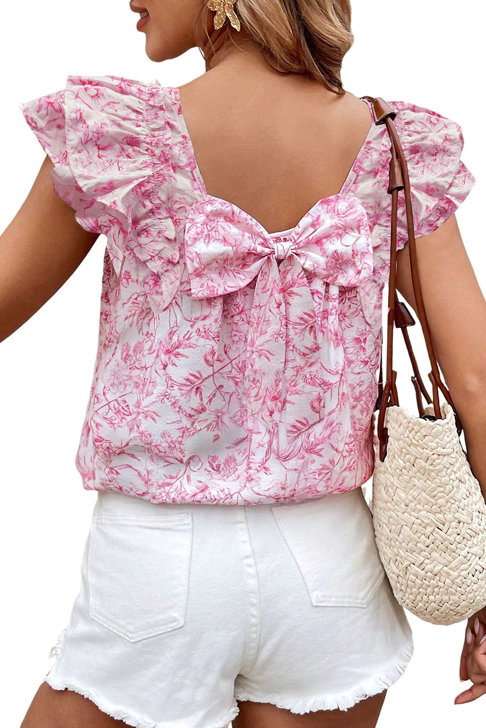 Beau Blue Textured Bow Knot Frilled Butterfly Sleeve Blouse - loveforevers