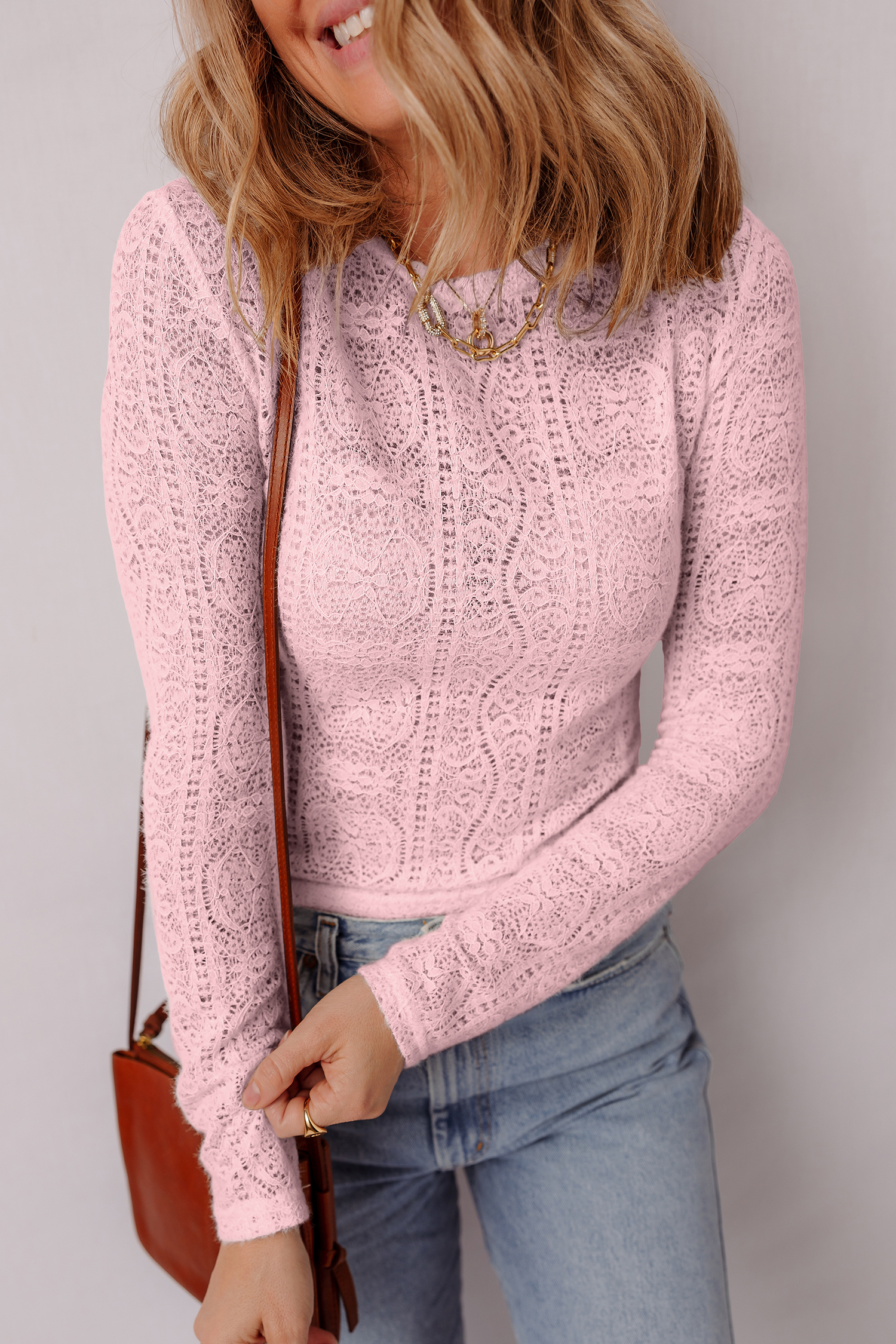 Light Pink Semi Sheer Lace Long Sleeve Cropped Top - loveforevers
