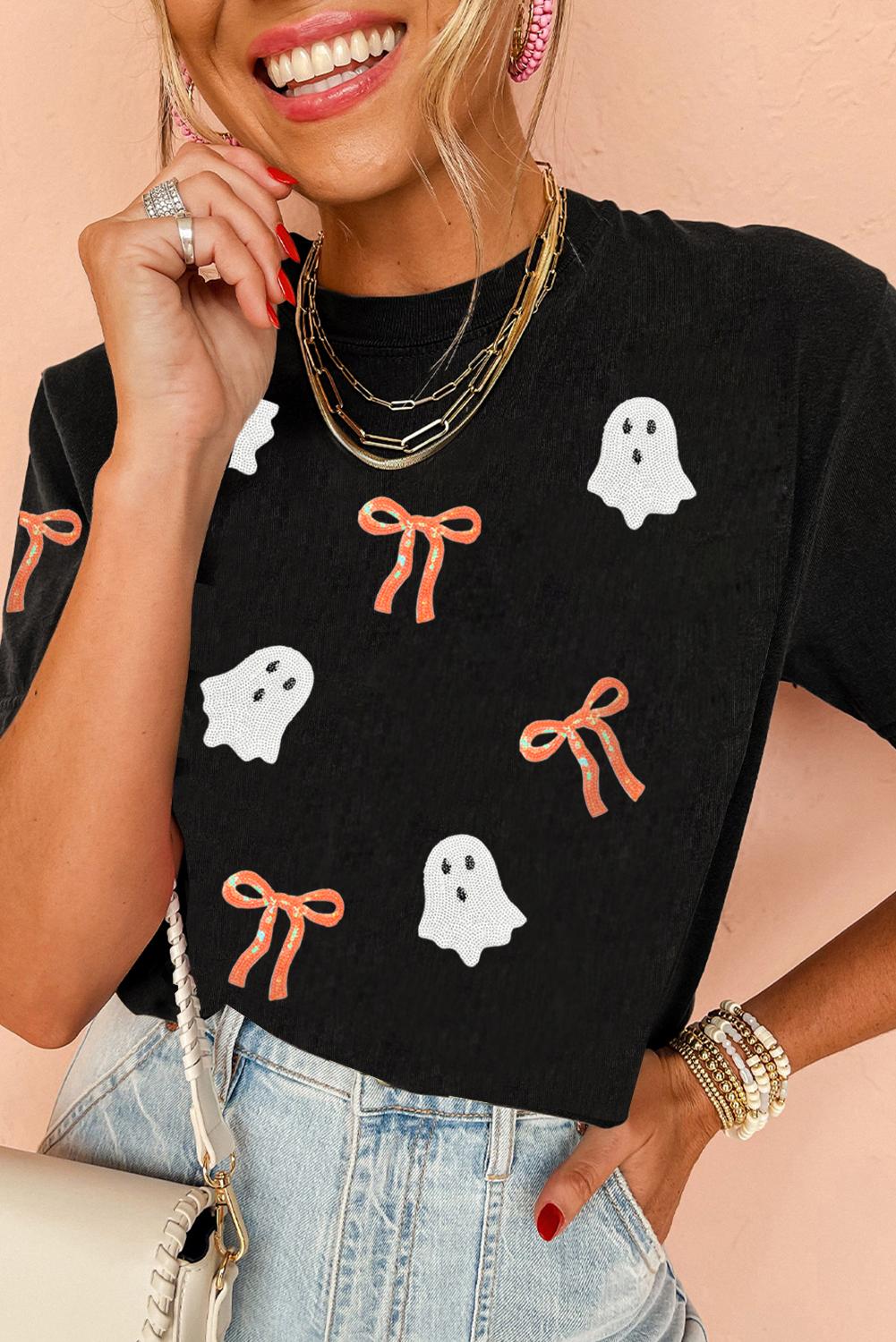 Black Sequin Bow Ghost Patched Halloween Graphic Tee - loveforevers