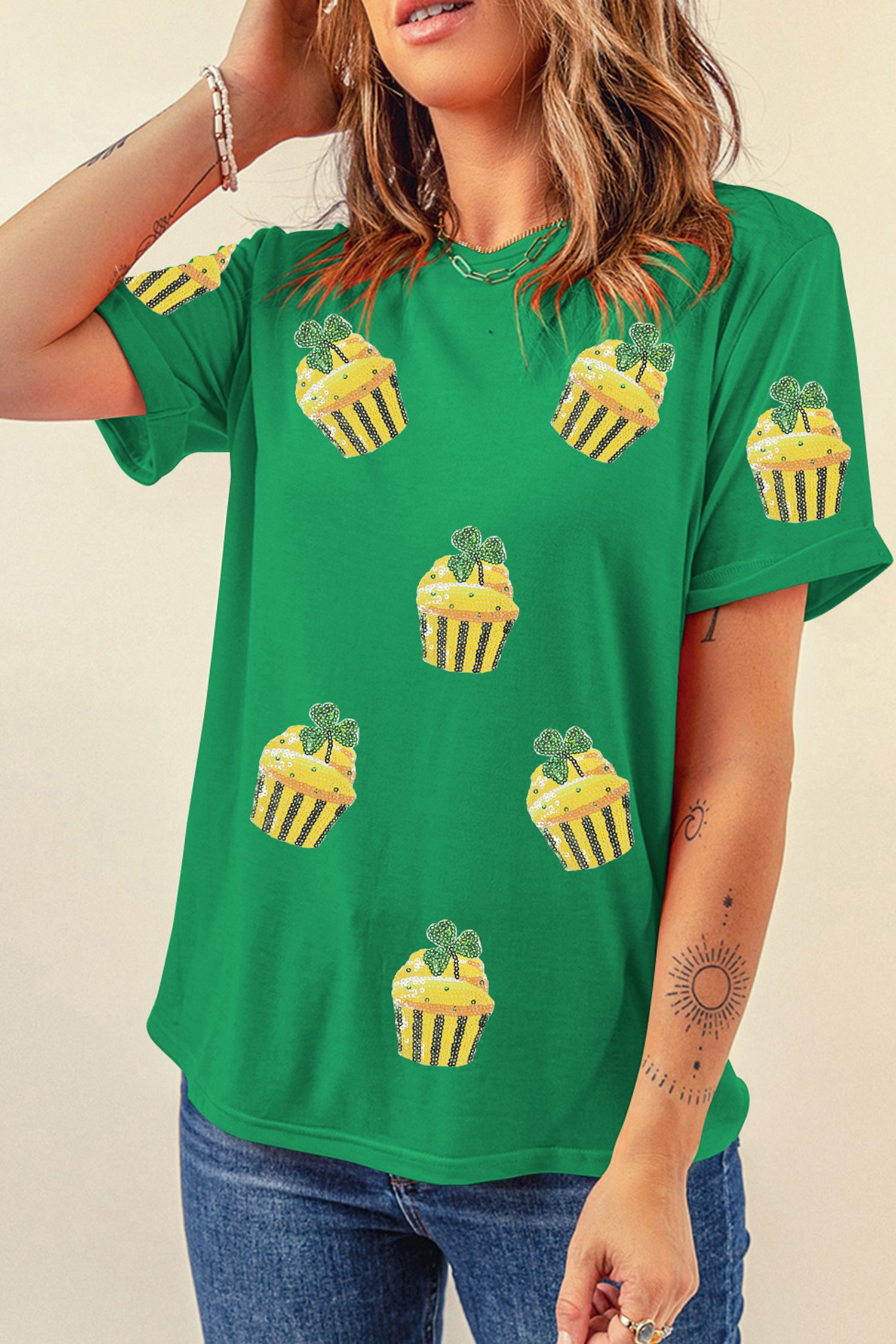 Bright Green St Patricks Day Sequin Cupcake Graphic T Shirt - loveforevers