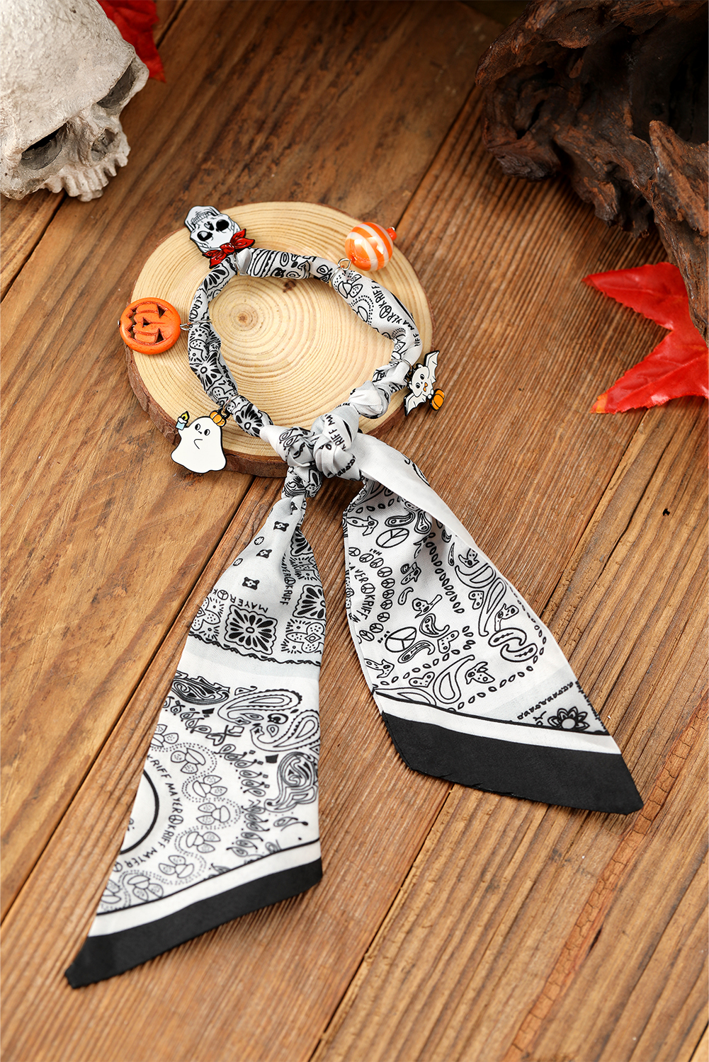 White Boho Printed Knot Scarf Halloween Pumpkin Ghost Charm Necklace - loveforevers