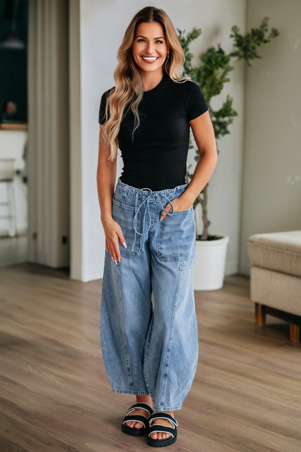 Myosotis Large Patch Pocket Drawstring Paperbag Waist Barrel Jeans - loveforevers