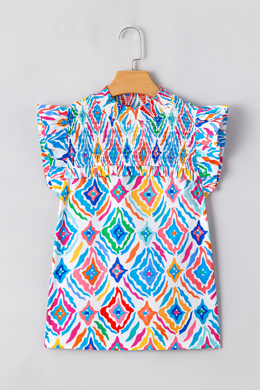 Light Blue Geometric Printed Flutter Sleeve Mock Neck Shirred Blouse - loveforevers