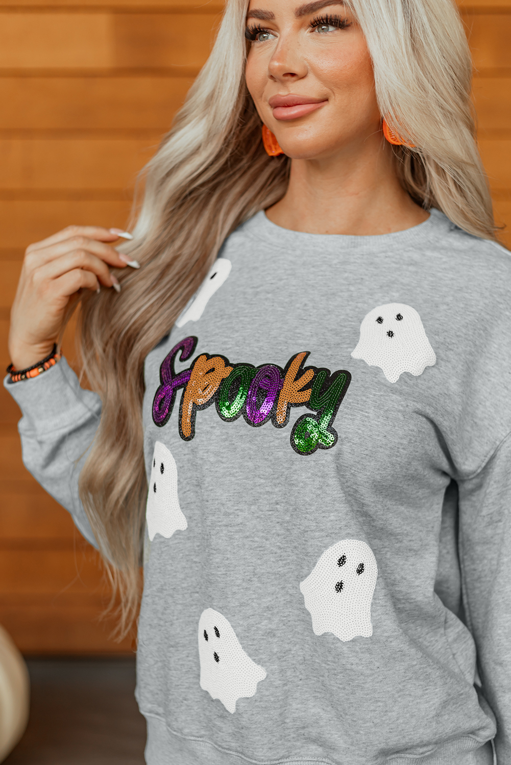 Gray Spooky Halloween Ghost Sequin Patched Sweatshirt - loveforevers