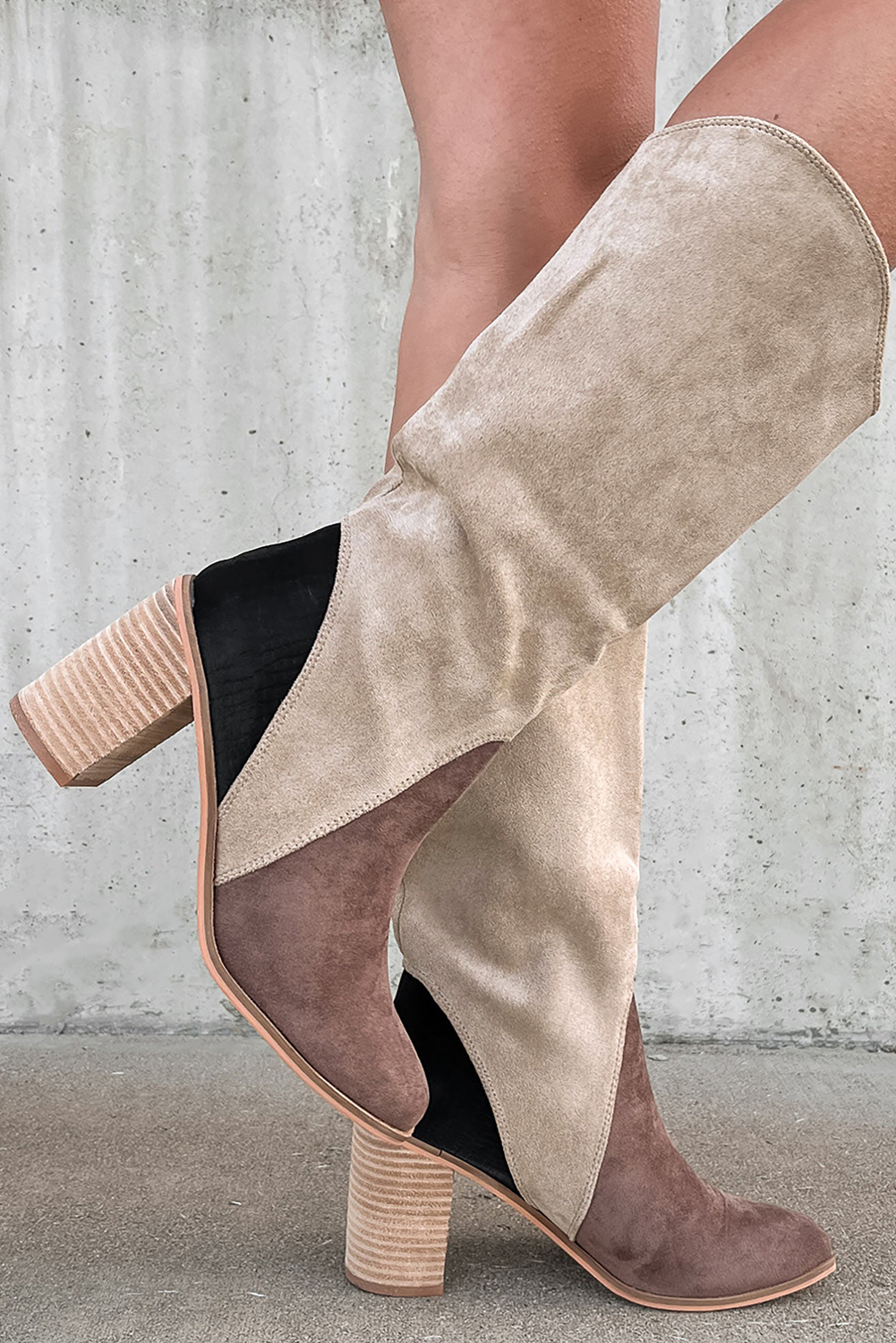 Coffee Suede Calf Length Chunky Heel Boots - loveforevers