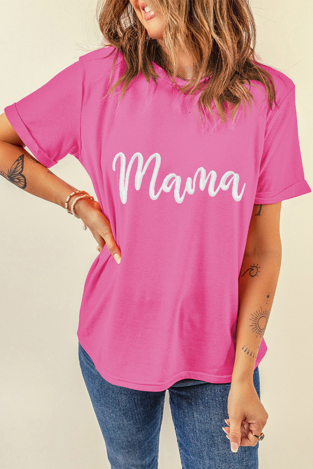 Sachet Pink mama Embroidered Graphic Crewneck Mothers Day T Shirt - loveforevers