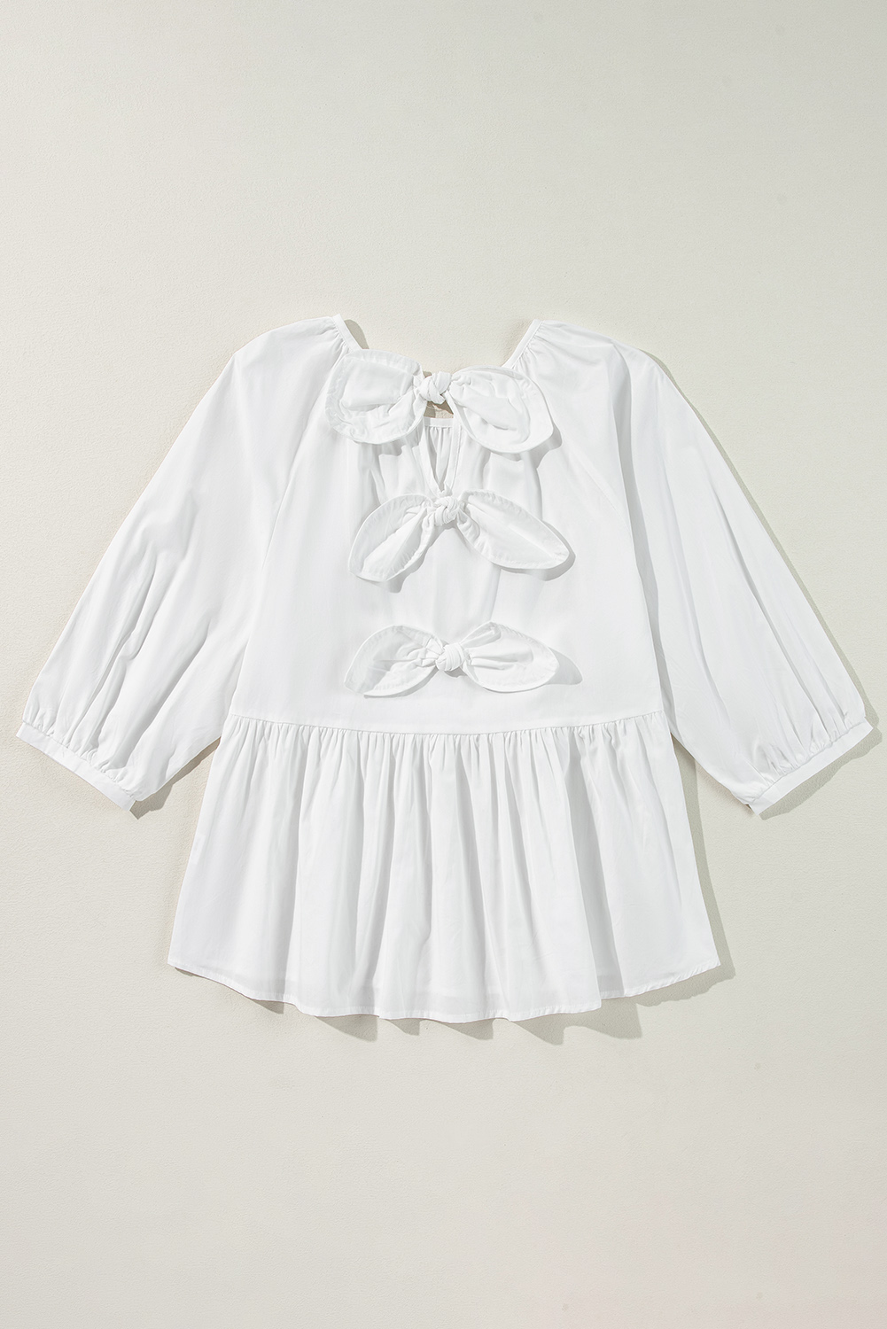 White Bow Knot Cutout Back Loose Fit 3/4 Sleeve Blouse - loveforevers