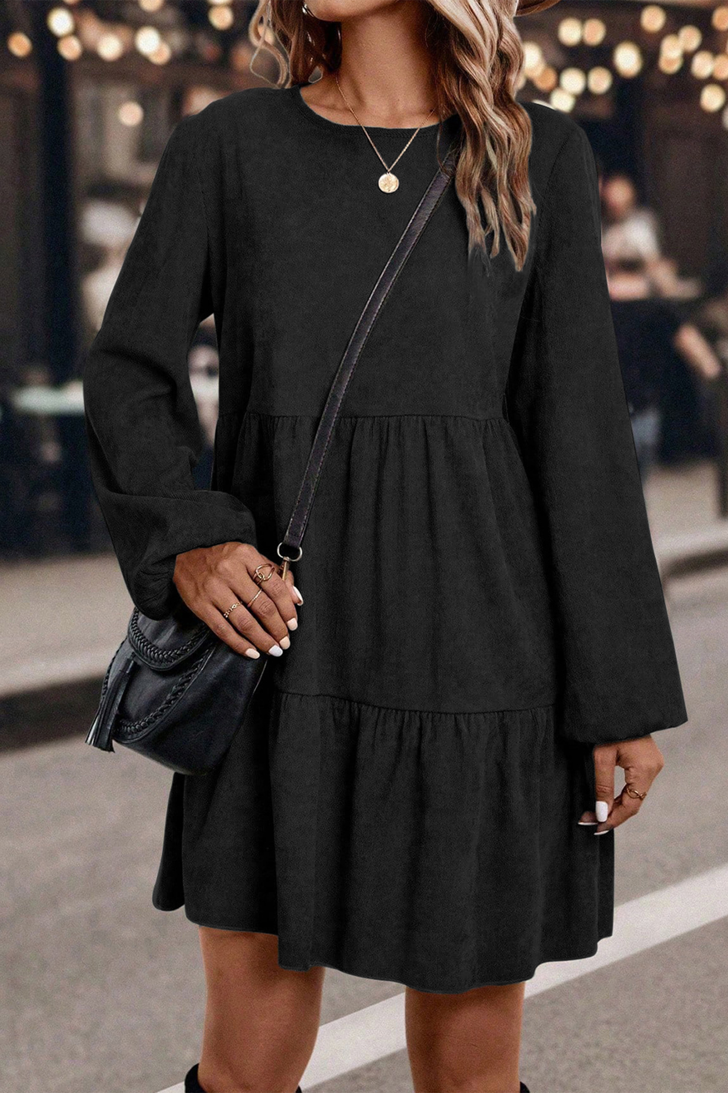 Black Lantern Sleeve Tiered Mini Dress - loveforevers