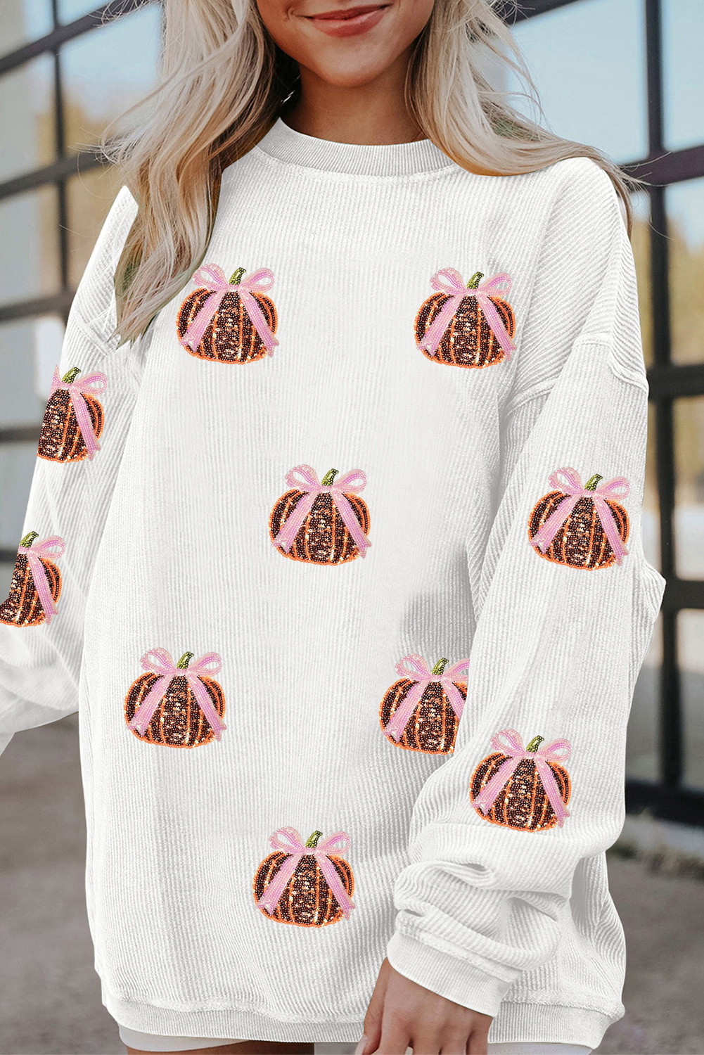 White Twisted Ribbed Sequin Bow Pumpkin Graphic Baggy Sweatshirt - loveforevers