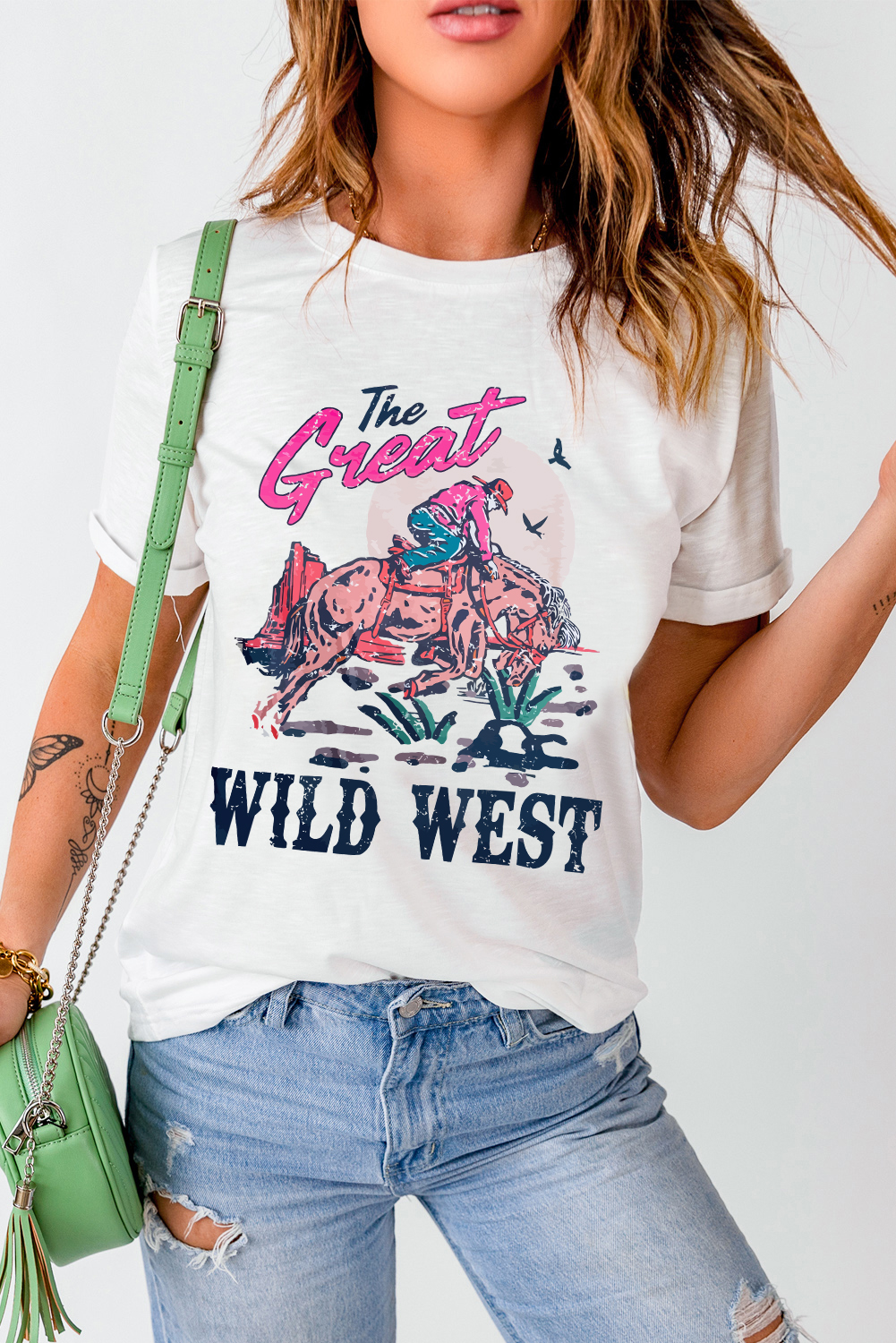 White The Great WILD WEST Rodeo Graphic Crew Neck T Shirt - loveforevers