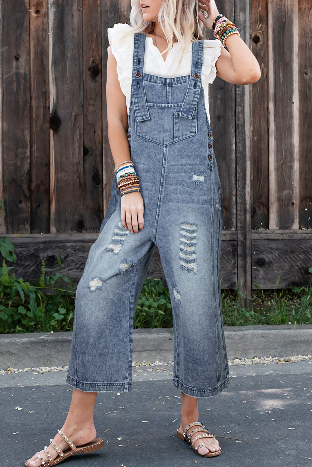 Stone Blue Distressed Bib Pocket Wide Leg Denim Overall - loveforevers