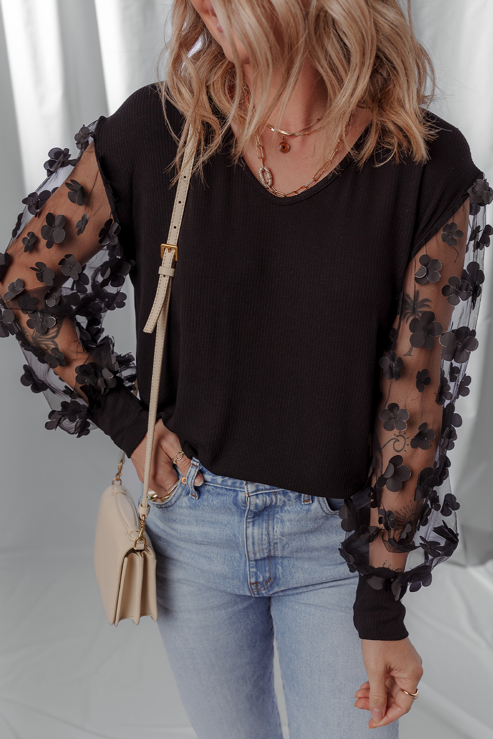Black Flower Applique Mesh Long Sleeve V Neck Blouse - loveforevers