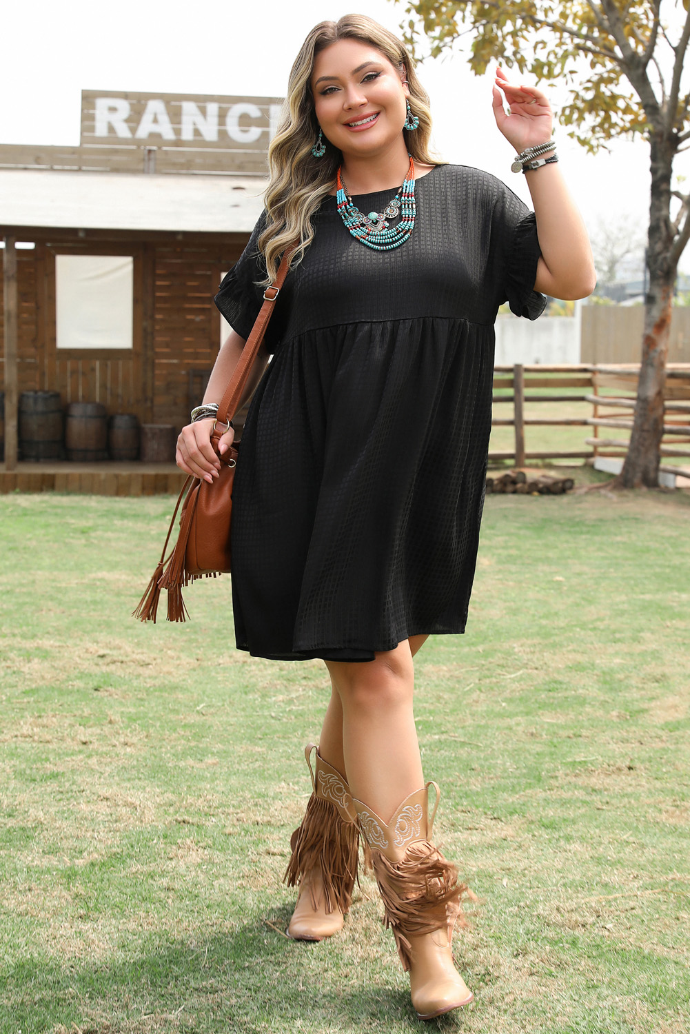 Black Textured Ruffled Sleeve Babydoll Plus Dress - loveforevers