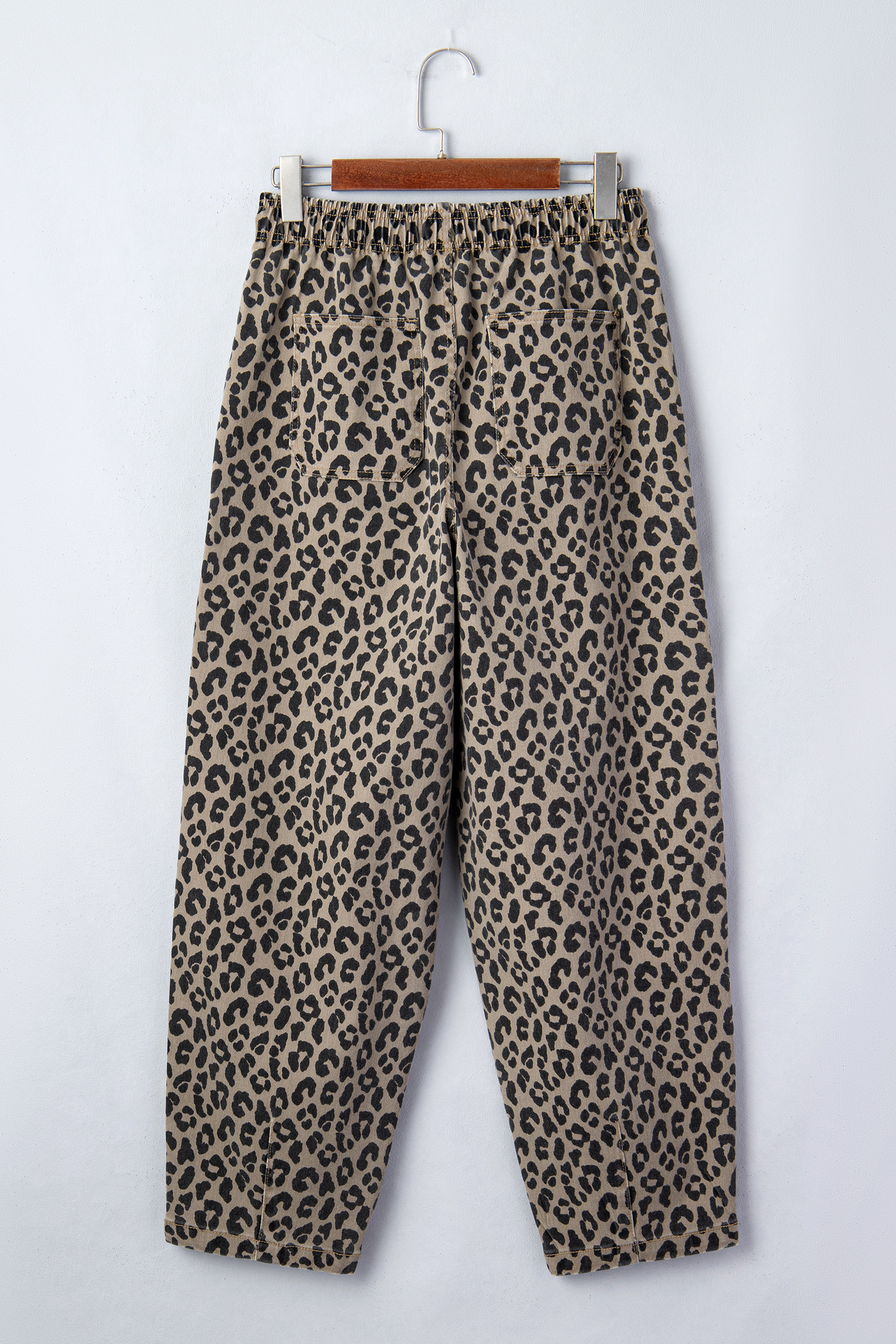 Khaki Leopard Print Drawstring Elastic Waist Loose Denim Pants with Pockets - loveforevers