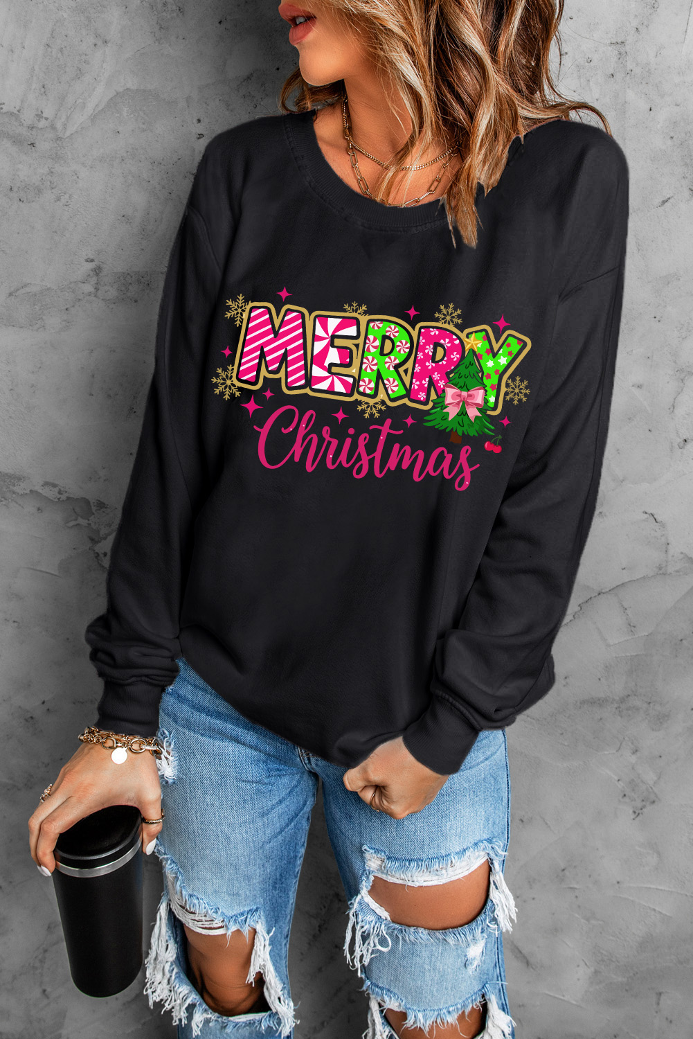Black MERRY Christmas Playful Letter Print Drop Shoulder Sweatshirt - loveforevers