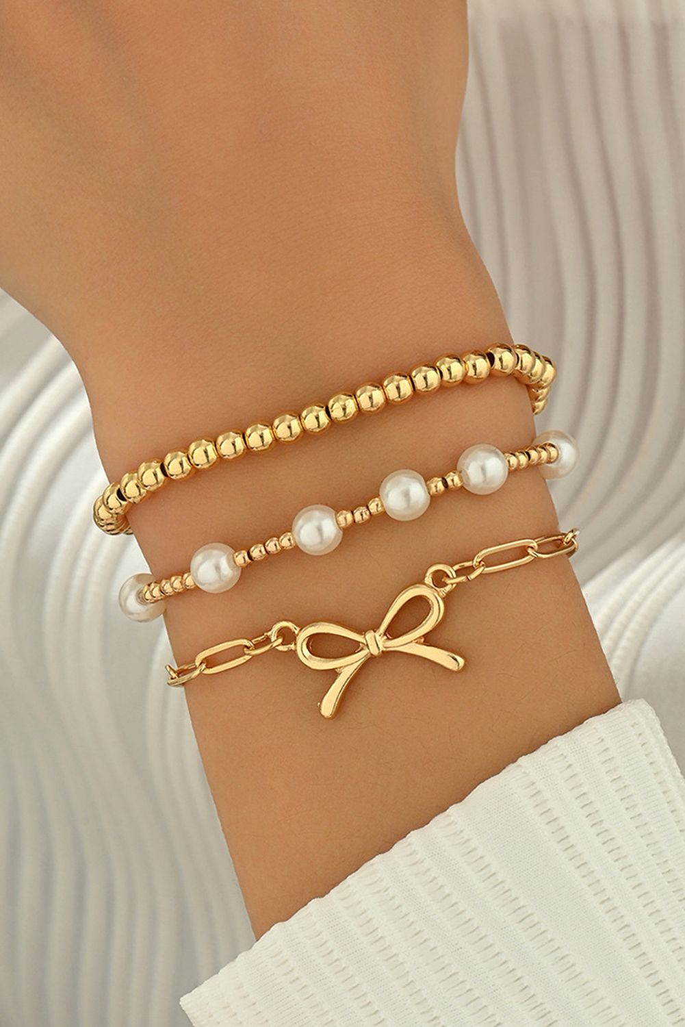 Gold Bow Chain Link Pearl Beaded Multi Layer Bracelet - loveforevers