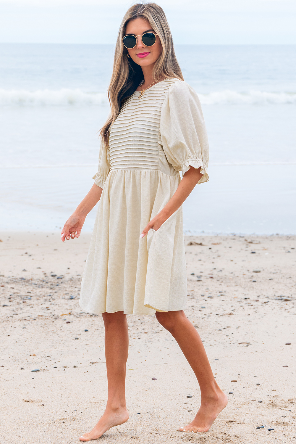White Textured Ruffled Puff Sleeve Loose Dress - loveforevers