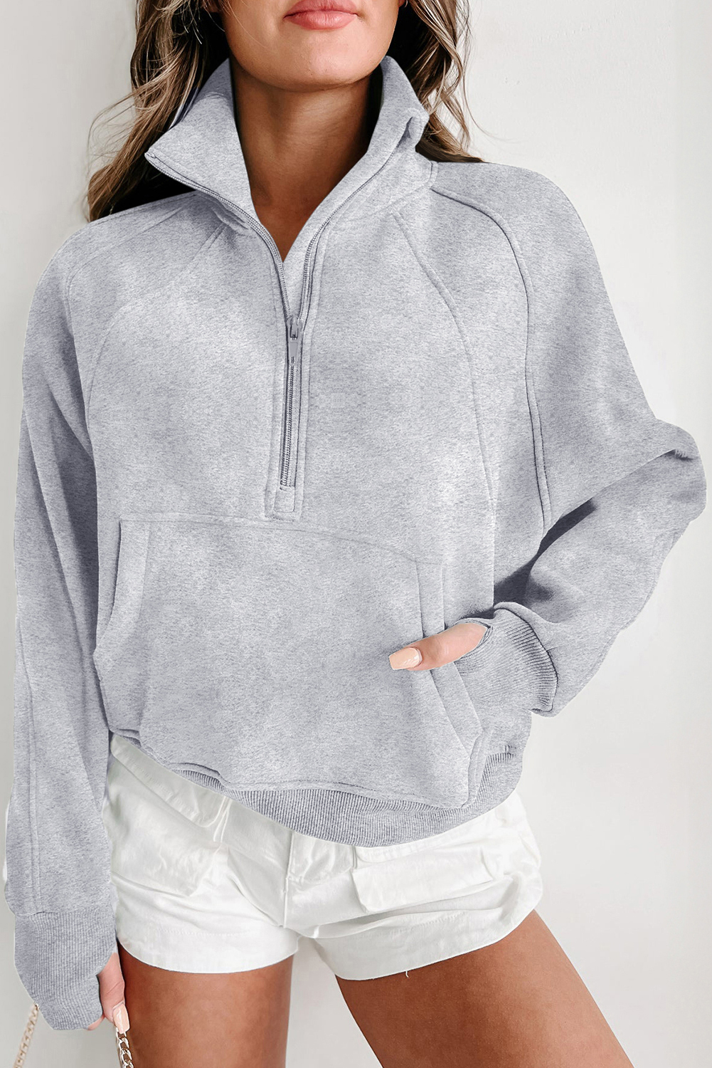 Aruba Blue Quarter Zip Stand Neck Kangaroo Pocket Sweatshirt - loveforevers