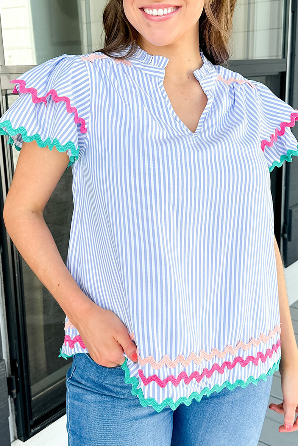 Sky Blue Stripe Ricrac Trim Split Neck Striped Ruffled Sleeve Blouse - loveforevers
