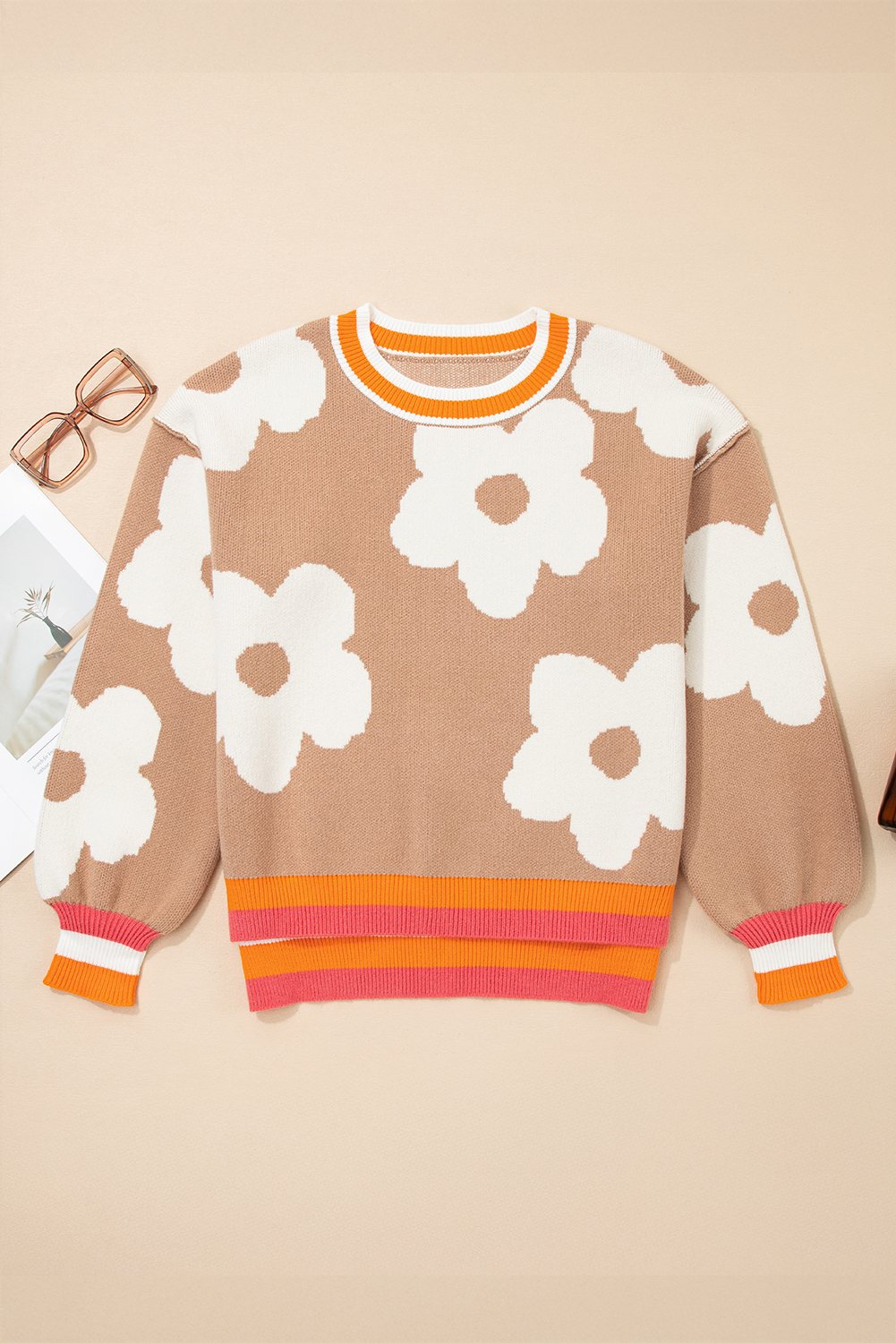 Smoke Gray Big Flower Pattern Contrast Striped Baggy Sweater - loveforevers