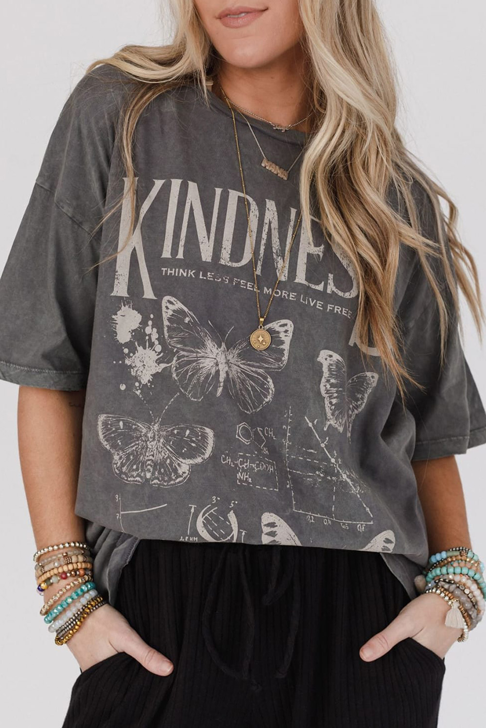 Dark Grey Kindness Butterflies Graphic Mineral Wash Loose Tee - loveforevers