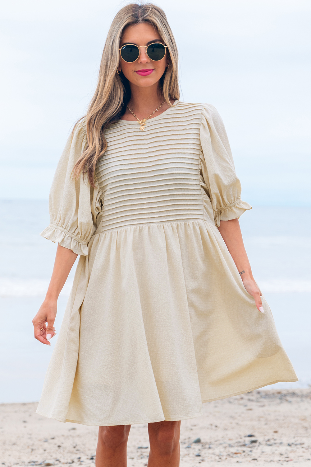 White Textured Ruffled Puff Sleeve Loose Dress - loveforevers