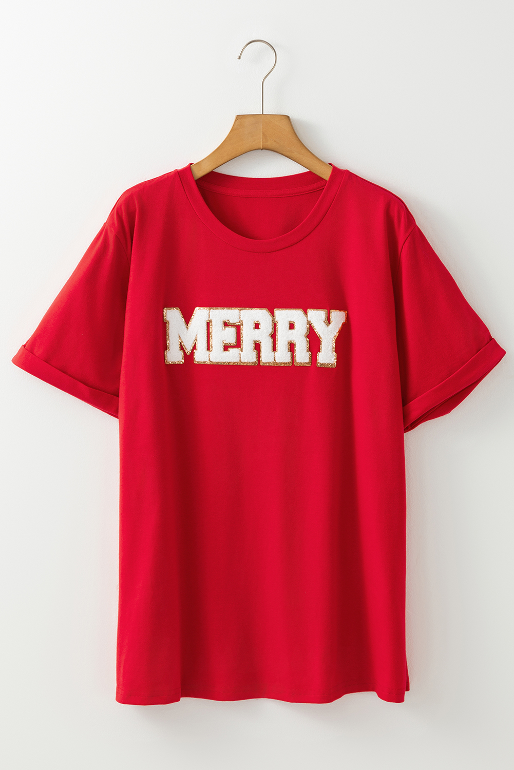 Red Christmas MERRY Graphic Cuffed Sleeve T Shirt - loveforevers