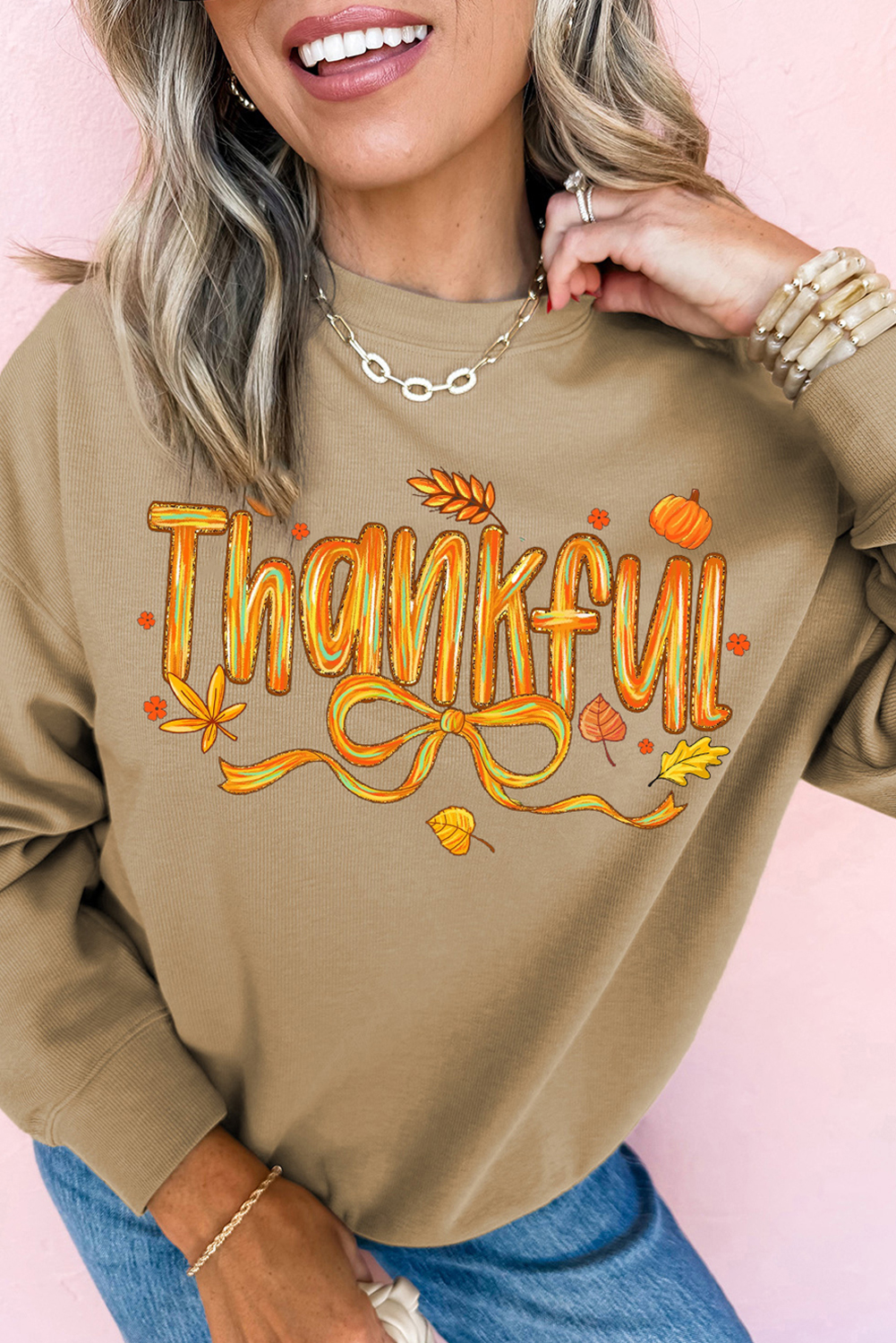 Khaki Thankful Fall Vibe Graphic Thanksgiving Sweatshirt - loveforevers