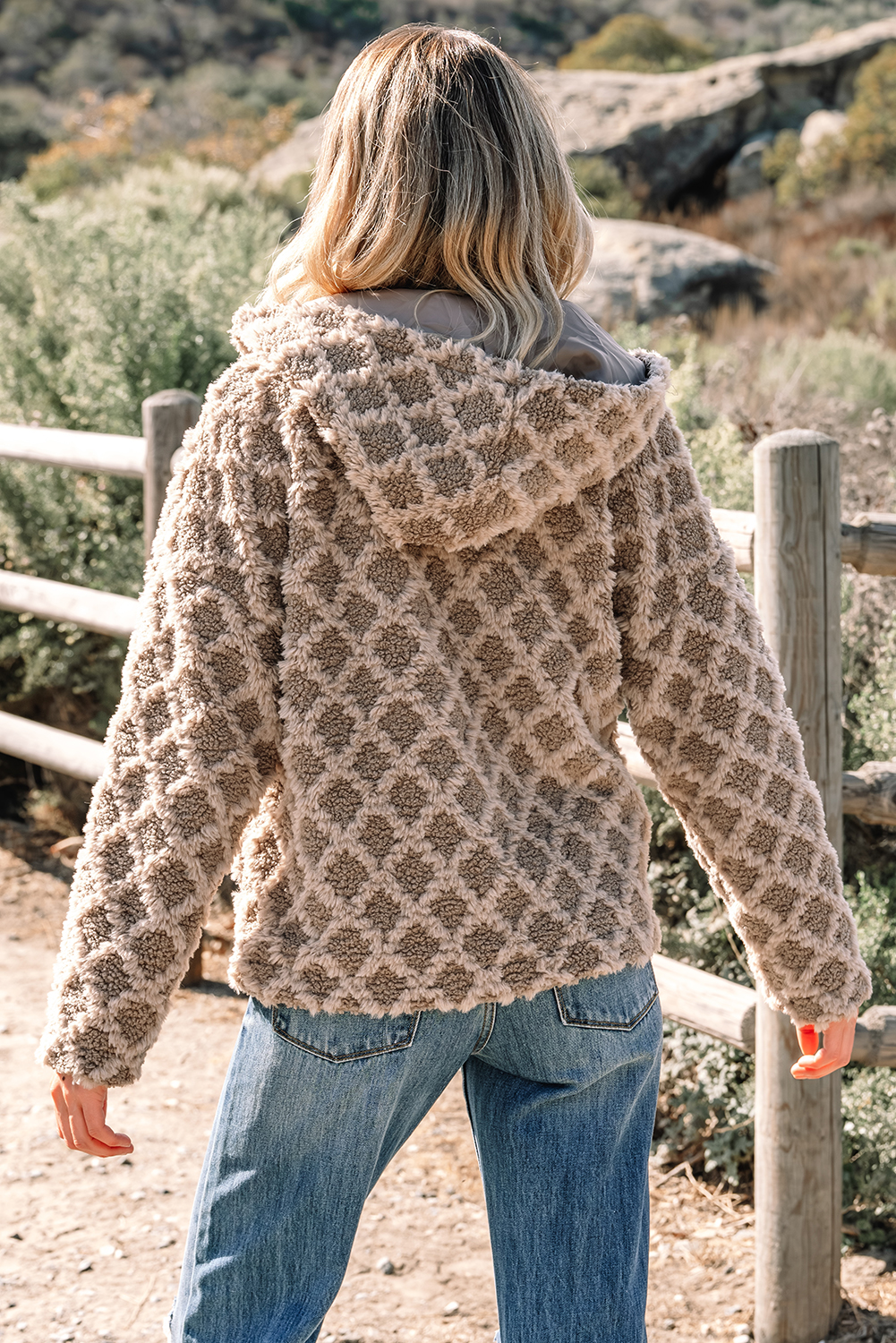 Chestnut Sherpa Rhombus Zip Up Side Pocket Hooded Jacket - loveforevers