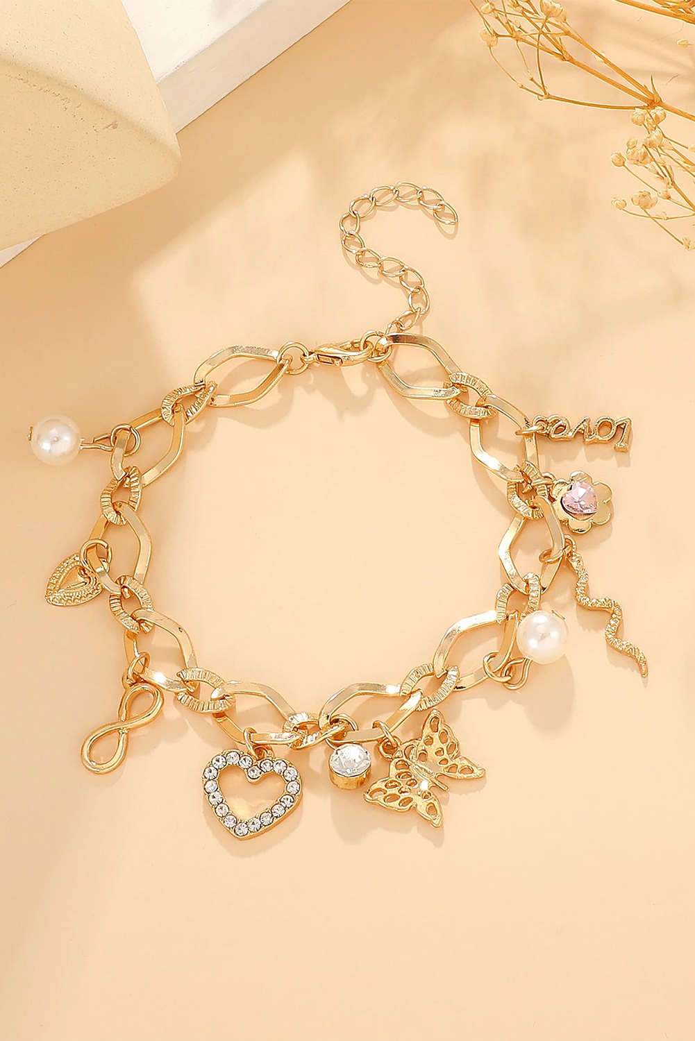 Gold Heart Butterfly Pearl Charm Plated Alloy Bracelet - loveforevers
