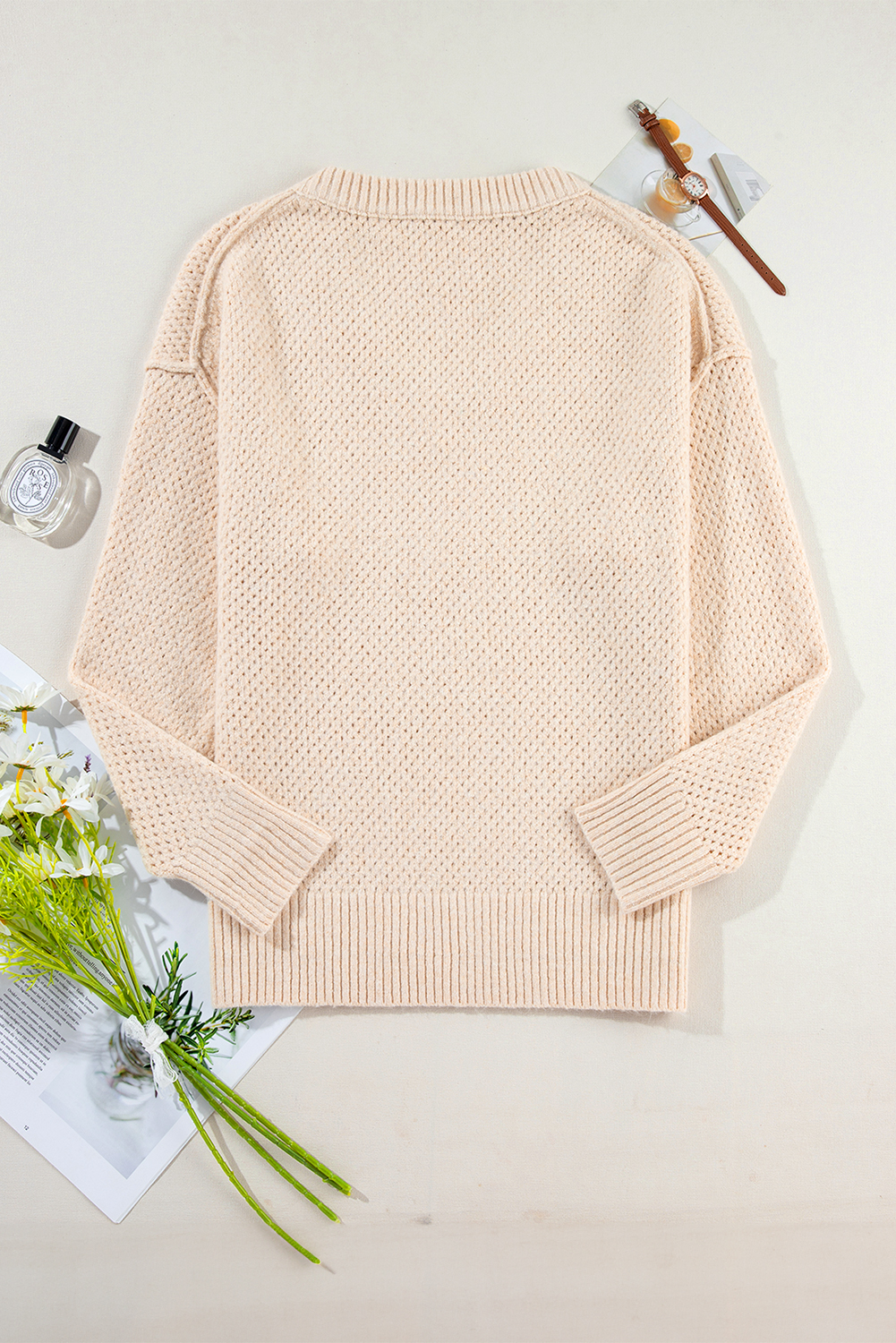 Parchment Loose Eyelet V Neck Drop Shoulder Sweater - loveforevers