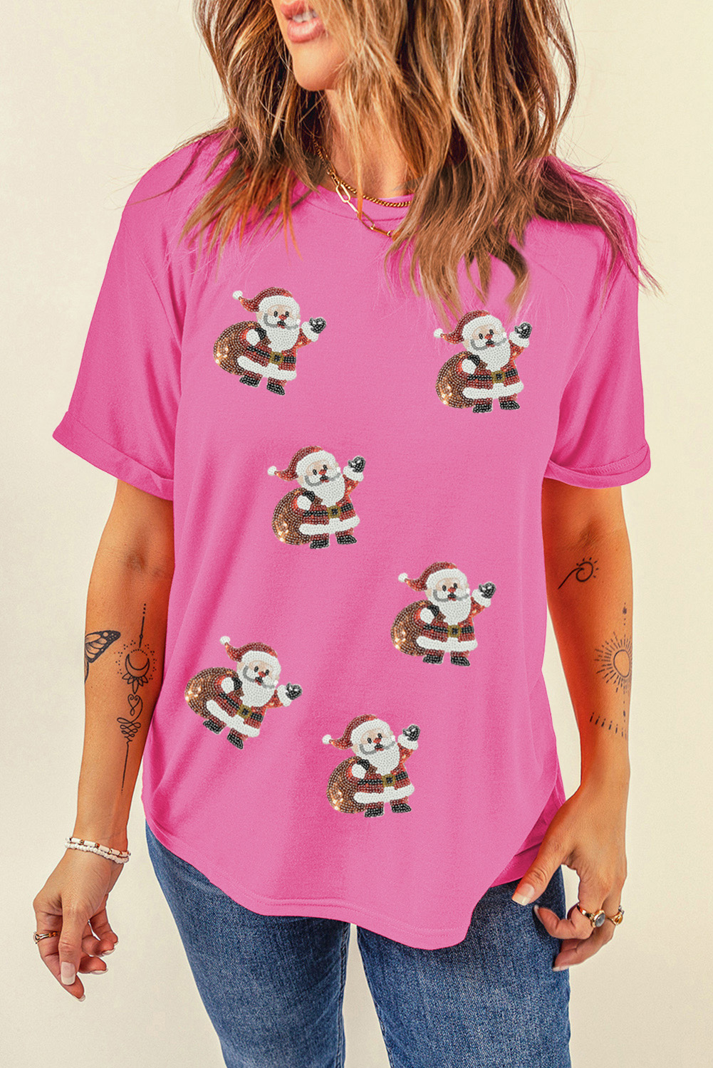 Sachet Pink Santa Claus Deliver Gifts Sequin Graphic Tee - loveforevers