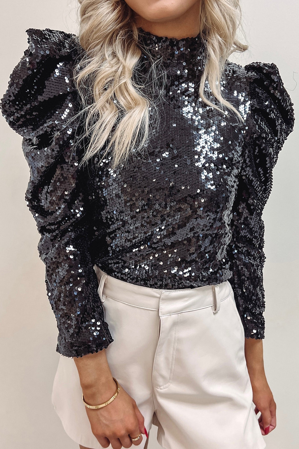 Burgundy Sequin Mock Neck Bubble Sleeve Top - loveforevers