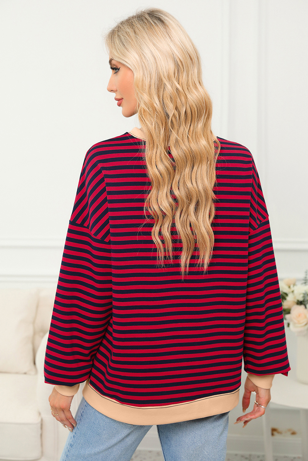 Red Stripe Contrast Ribbed Trim Crossed Stitch Drop Shoulder Sweatshirt - loveforevers