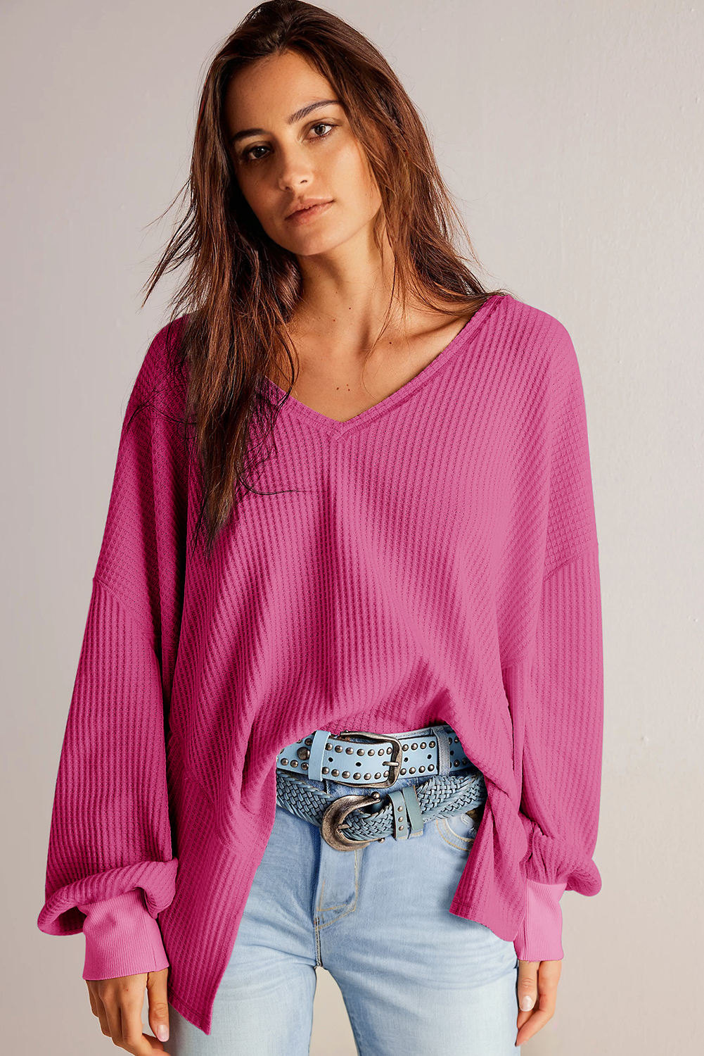 Light Pink Waffle V Neck Long Sleeve Drop Shoulder Loose Blouse - loveforevers